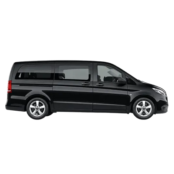 Van Mercedes noir vu de profil sur fond transparent.